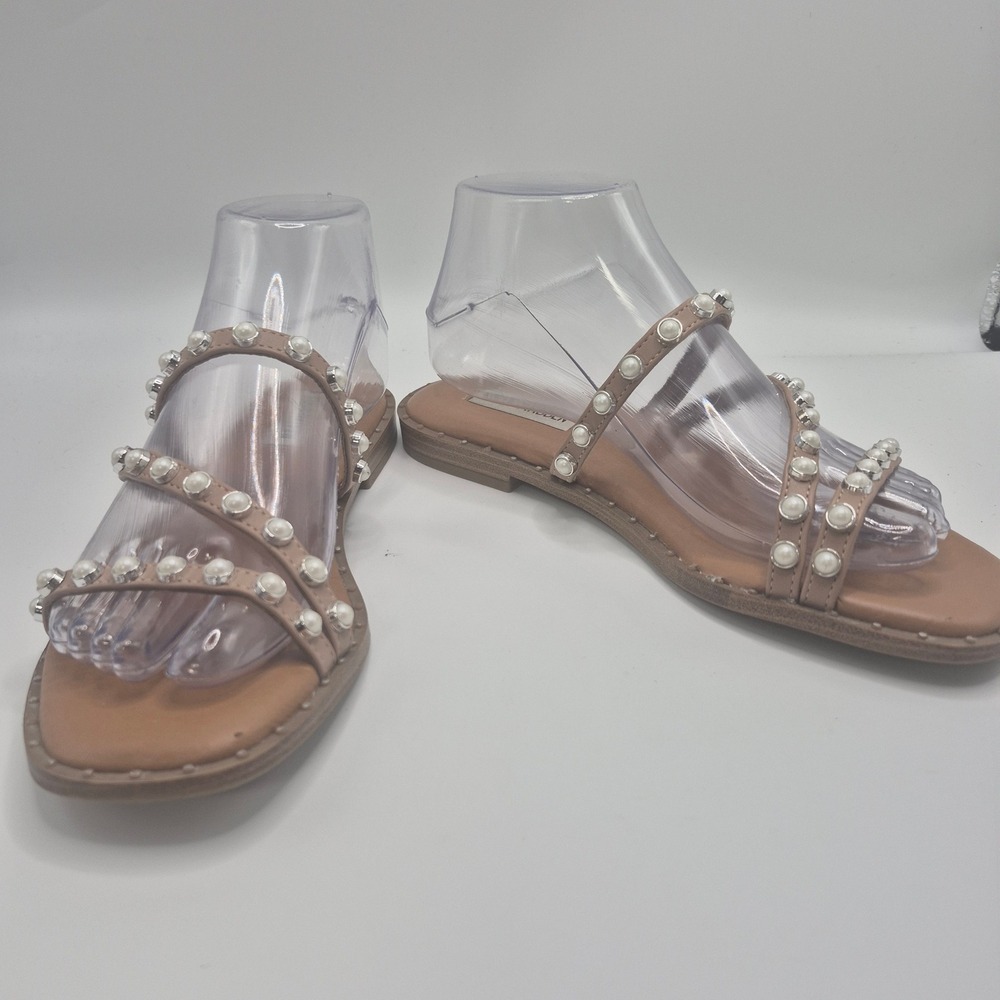 Steve Madden Womens Pearl Studded Strappy Slide Sandals Tan Nude Size 8